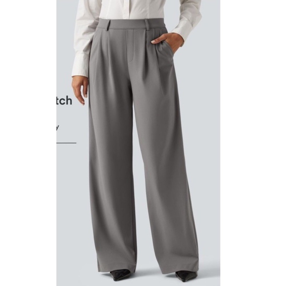 Halara Flex Pleated High Waisted Wide Leg Pants Stretchy Pockets Gray L Extall